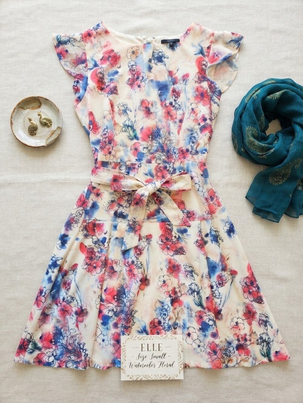Elle Watercolor Floral Flare Dress Size S Blue Pink Tie Waist Flutter Sleeve